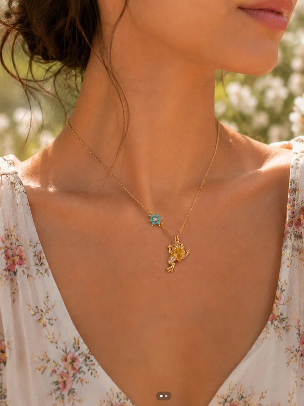 kate spade gold-tone frog pendant necklace with turquoise flower charm